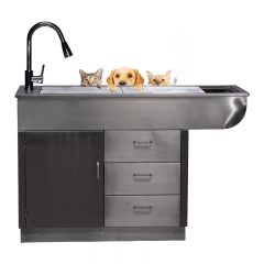 IN-PL01 304 Stainless Steel Veterinary Grooming Table 140*60*88cm with Smoked Pull Faucet Stainless Steel Grid Sewage Tank
