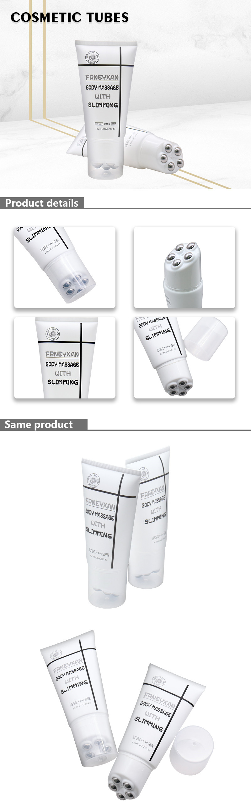 White Plastic 100ml Empty Cosmetic Tubes With 5 Steel Roller Ball