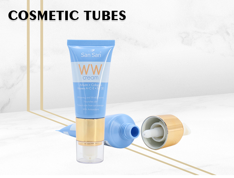 Blue Plastic Soft Squeeze Tube Packaging With Gold Airless Pump