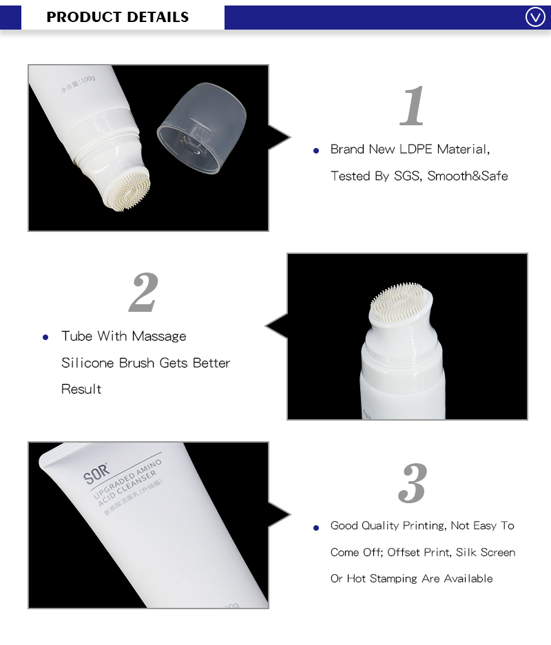 White 100ml Facial Cleanser Plastic Tube With Massage Brush