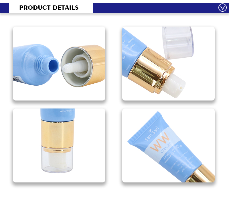 Blue Plastic Soft Squeeze Tube Packaging With Gold Airless Pump