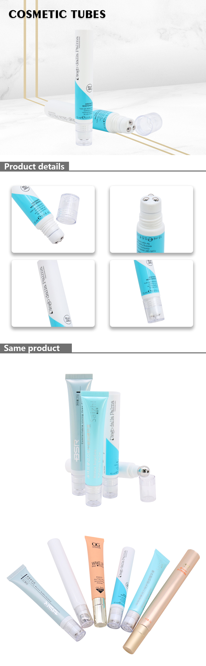 cosmetic tube packaging with three roller balls
