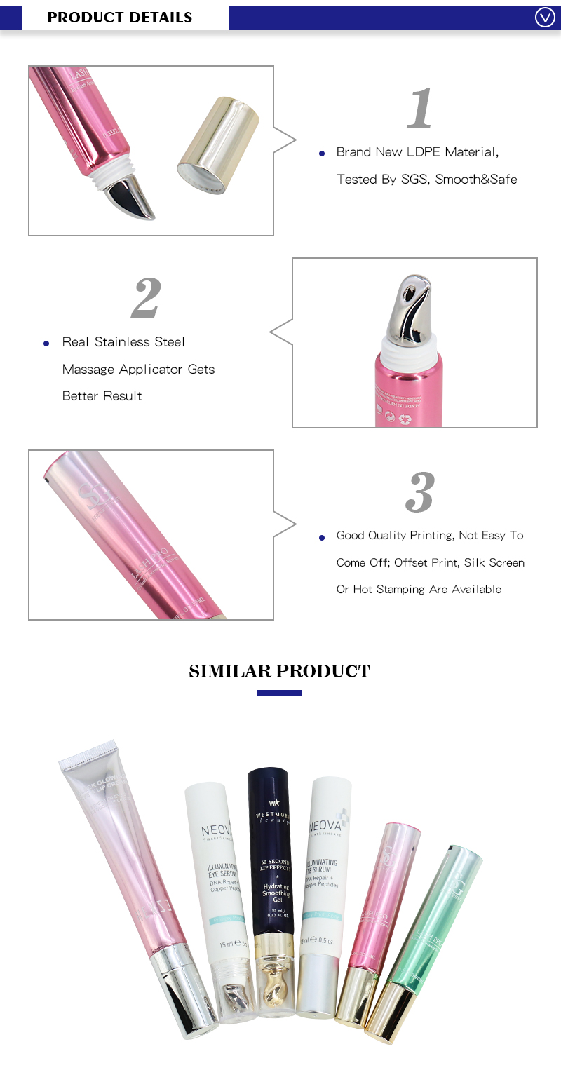 High End Pink Plastic Squeeze Eye Cream Tube With Massage Applicator