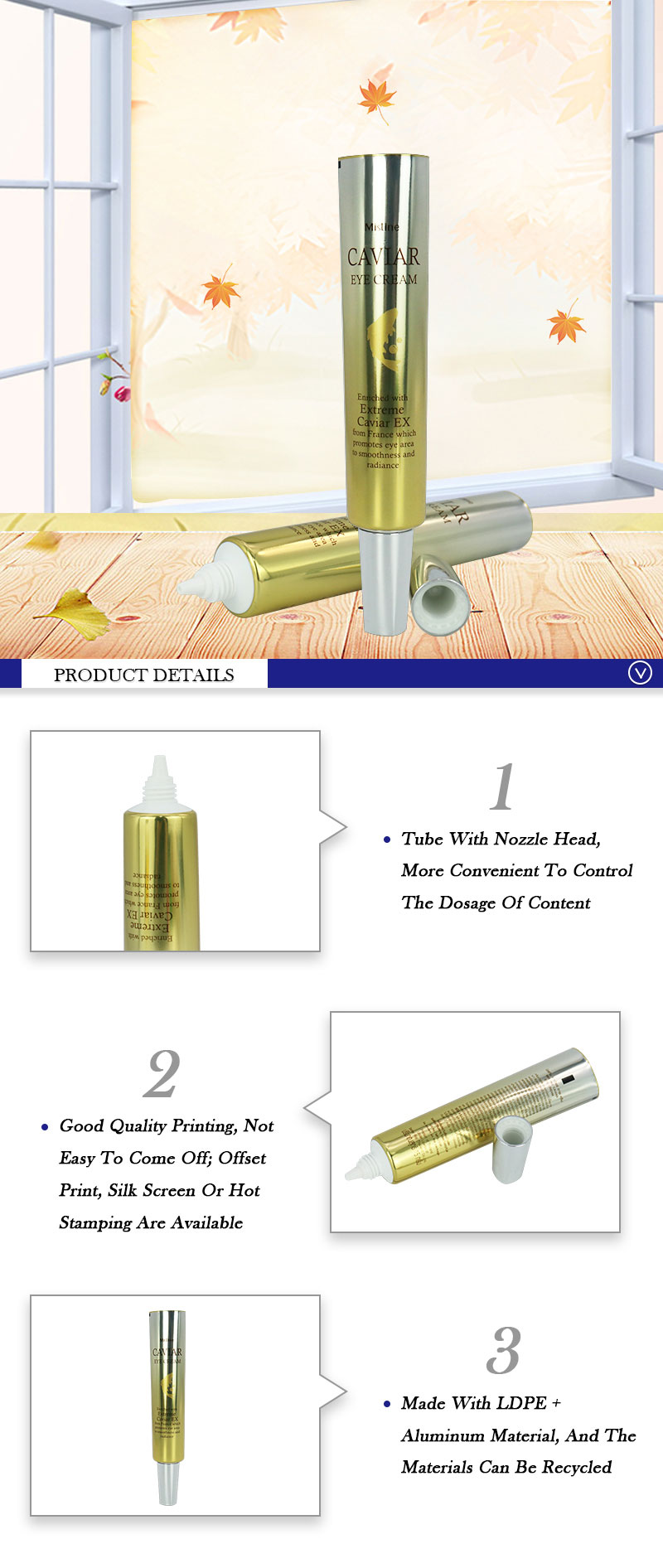 Luxury Gold Eye Cream Tubes, ABL Nozzle Cosemtic Packaging Tube