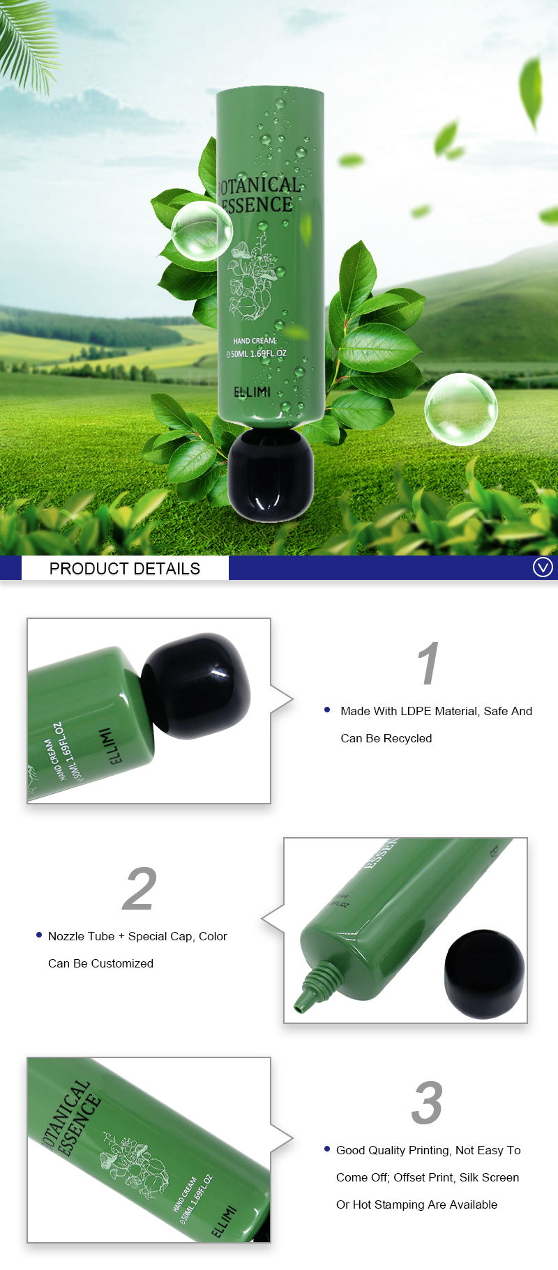 50ml Green Plastic Cosmetic Squeeze Tubes For Cream With Nozzle