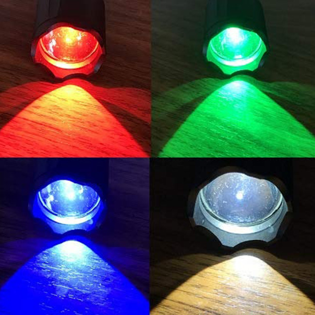 4 Color in 1 Multi-Color Flashlight 18650 Zoomable Tactical Flashlight Multi-Functional Flashlight for Hunting Fishing Hiking