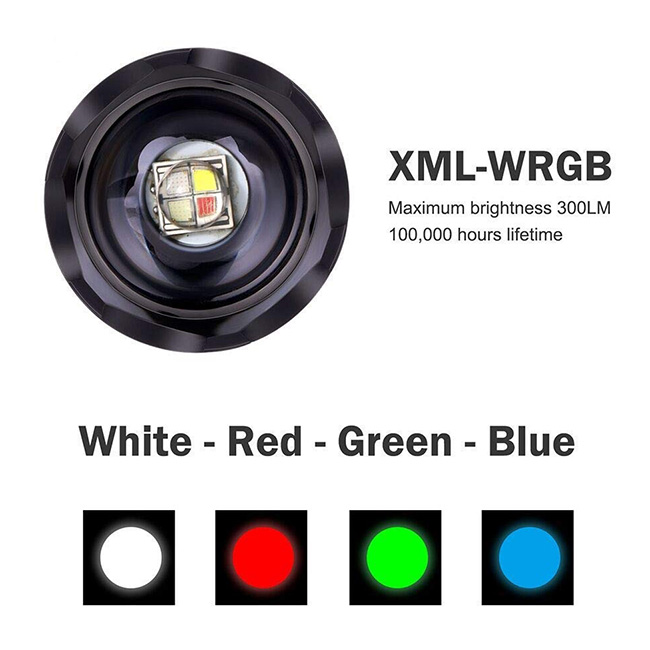4 Color in 1 Multi-Color Flashlight 18650 Zoomable Tactical Flashlight Multi-Functional Flashlight for Hunting Fishing Hiking
