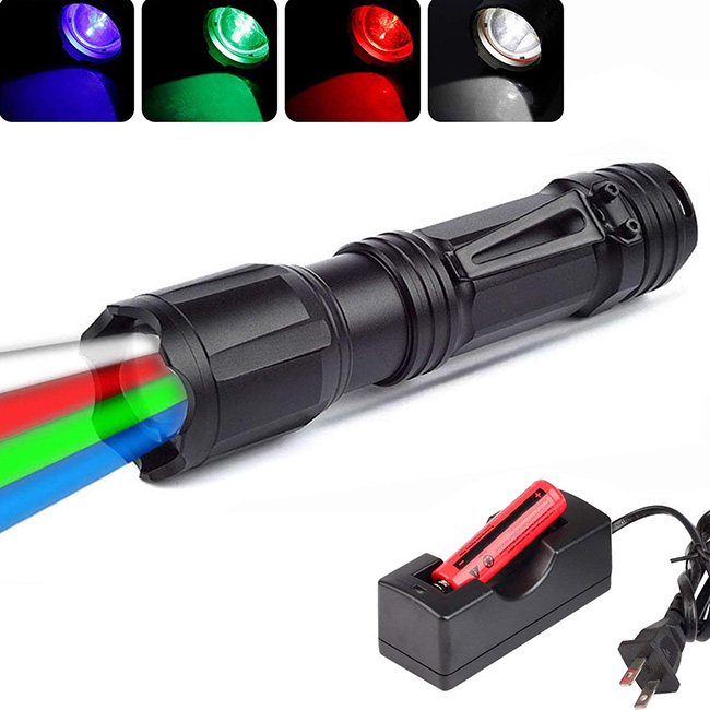 4 Color in 1 Multi-Color Flashlight 18650 Zoomable Tactical Flashlight Multi-Functional Flashlight for Hunting Fishing Hiking