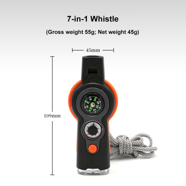 Multifunctional Emergency 7-in-1 Survival Whistle Portable Thermometer Compass with LED Lights for Outdoor Tools Training Camping Hiking