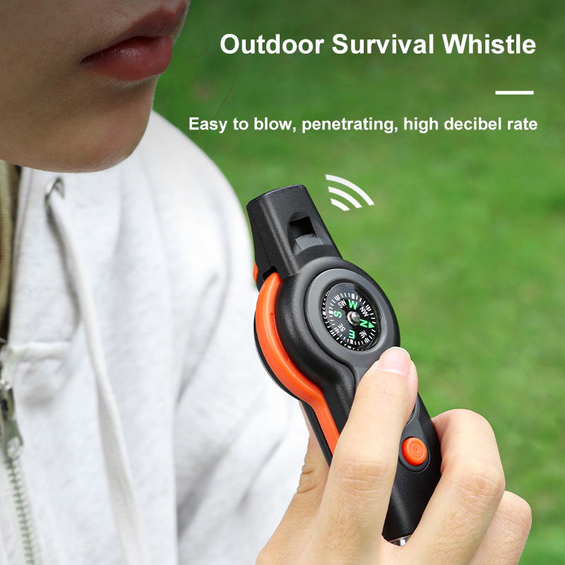 Multifunctional Emergency 7-in-1 Survival Whistle Portable Thermometer Compass with LED Lights for Outdoor Tools Training Camping Hiking