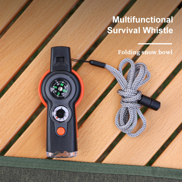 Multifunctional Emergency 7-in-1 Survival Whistle Portable Thermometer Compass with LED Lights for Outdoor Tools Training Camping Hiking