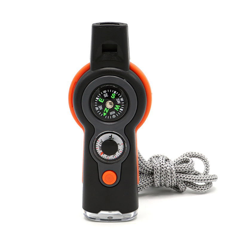 Multifunctional Emergency 7-in-1 Survival Whistle Portable Thermometer Compass with LED Lights for Outdoor Tools Training Camping Hiking