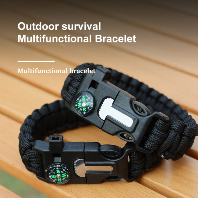 Seven-core Parachute Cord Braided Survival Whistle Flint Large Compass Bracelet Outdoor Life-saving Tools