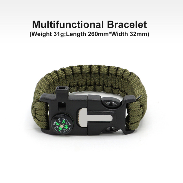 Seven-core Parachute Cord Braided Survival Whistle Flint Large Compass Bracelet Outdoor Life-saving Tools