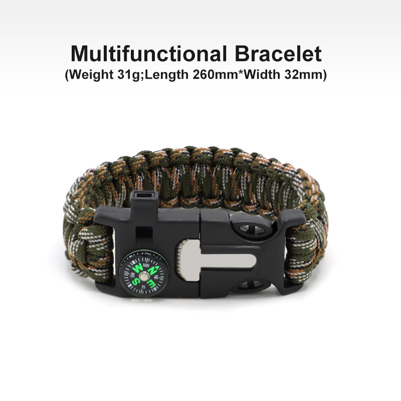 Seven-core Parachute Cord Braided Survival Whistle Flint Large Compass Bracelet Outdoor Life-saving Tools