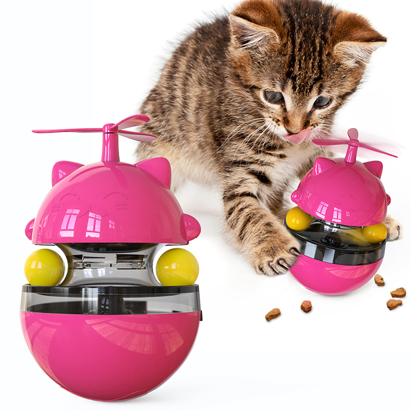 Interactive Cat Food Toys Treat Dispenser Slow Snack Feeder with Double Interactive Balls and Windmill Propeller Tumbler Toy