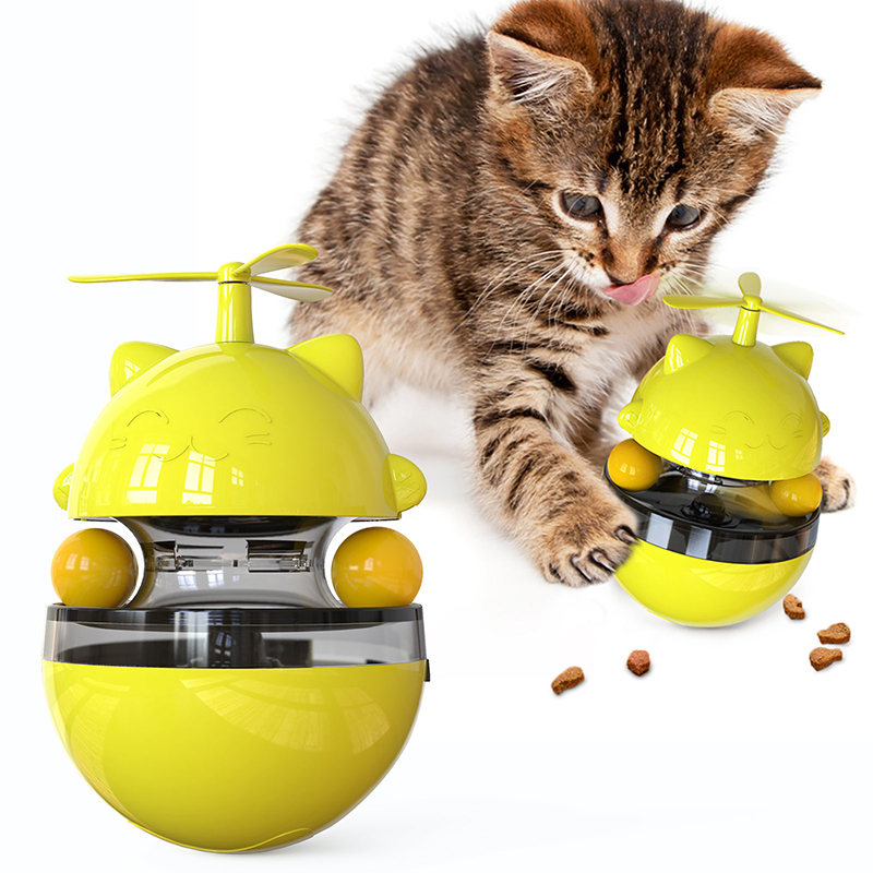 Interactive Cat Food Toys Treat Dispenser Slow Snack Feeder with Double Interactive Balls and Windmill Propeller Tumbler Toy