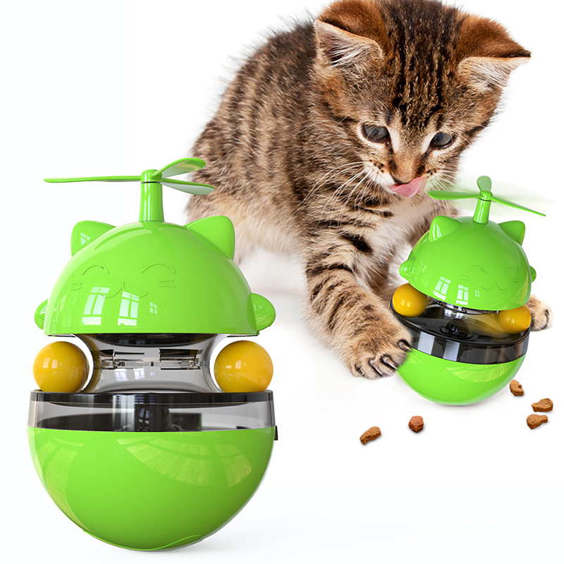 Interactive Cat Food Toys Treat Dispenser Slow Snack Feeder with Double Interactive Balls and Windmill Propeller Tumbler Toy