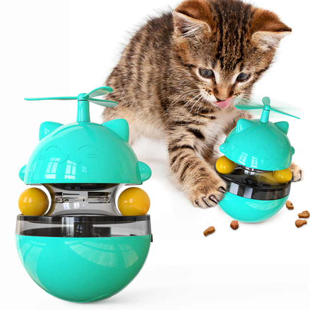 Interactive Cat Food Toys Treat Dispenser Slow Snack Feeder with Double Interactive Balls and Windmill Propeller Tumbler Toy