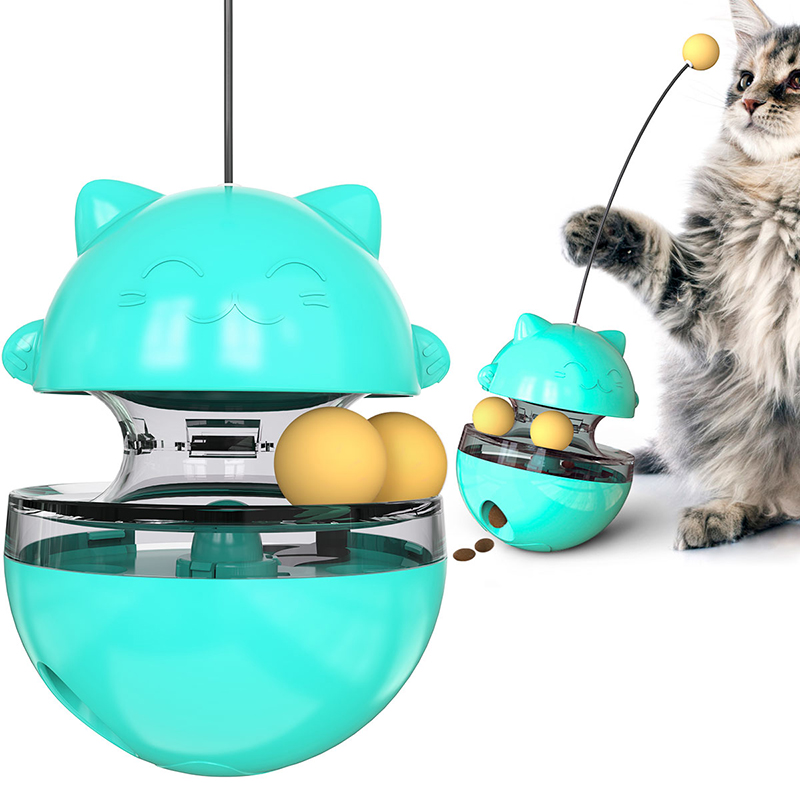 Interactive Cat Food Toys Treat Dispenser Slow Snack Feeder with Double Interactive Balls and Windmill Propeller Tumbler Toy