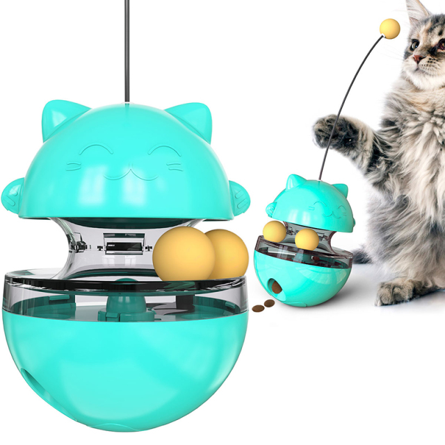 Interactive Cat Food Toys Treat Dispenser Slow Snack Feeder with Double Interactive Balls and Windmill Propeller Tumbler Toy