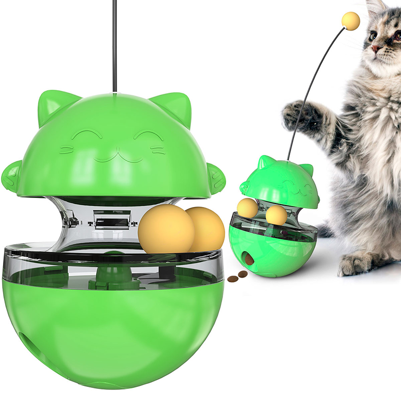 Interactive Cat Food Toys Treat Dispenser Slow Snack Feeder with Double Interactive Balls and Windmill Propeller Tumbler Toy