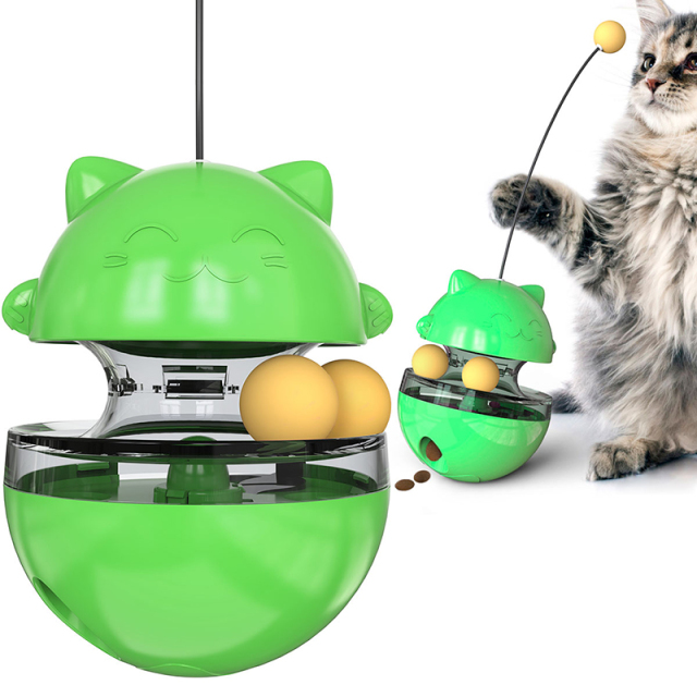 Interactive Cat Food Toys Treat Dispenser Slow Snack Feeder with Double Interactive Balls and Windmill Propeller Tumbler Toy