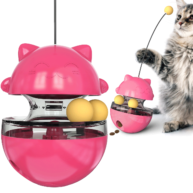 Interactive Cat Food Toys Treat Dispenser Slow Snack Feeder with Double Interactive Balls and Windmill Propeller Tumbler Toy