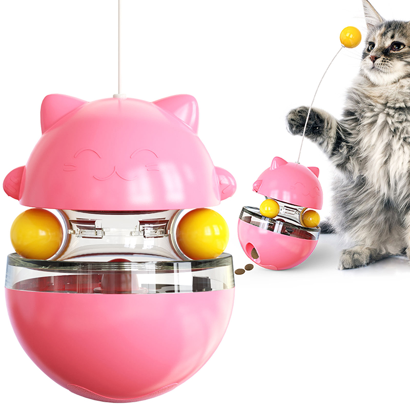 Interactive Cat Food Toys Treat Dispenser Slow Snack Feeder with Double Interactive Balls and Windmill Propeller Tumbler Toy