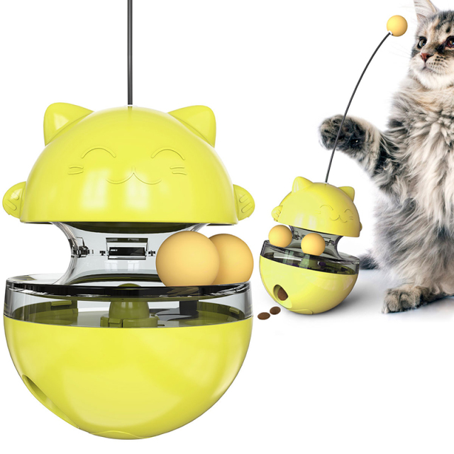 Interactive Cat Food Toys Treat Dispenser Slow Snack Feeder with Double Interactive Balls and Windmill Propeller Tumbler Toy