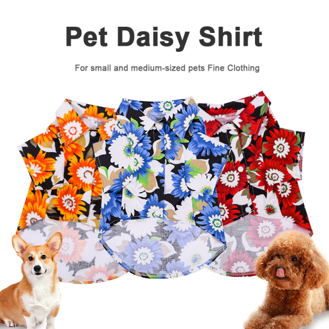 Pet Clothing Hawaii Summer Beach Chrysanthemum Printing T-shirt Turndown Collar Pet Blouse for Small Dogs Cats