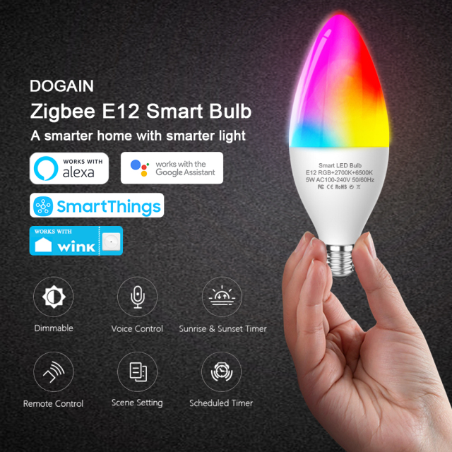 DOGAIN Zigbee Smart Light Bulbs E12 Base B10/B11 Hue Lights,Color