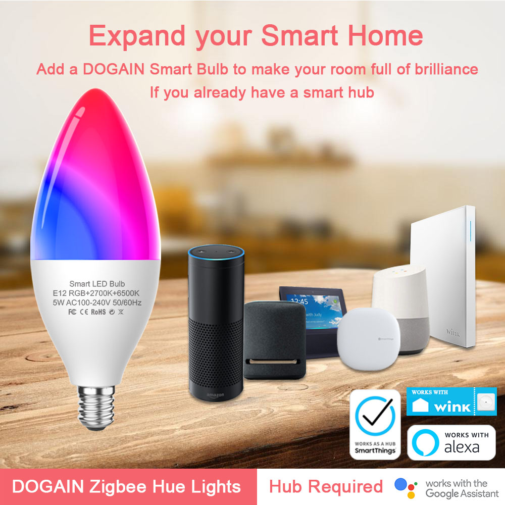 DOGAIN Zigbee Smart Light Bulbs E12 Base B10/B11 Hue Lights,Color