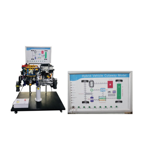 Sistema híbrido de energía a gasolina y electricidad con panel de control. Modelo seccionado Toyota Prius 1.5L. Equipos de capacitación automotriz. Equipos educativos.