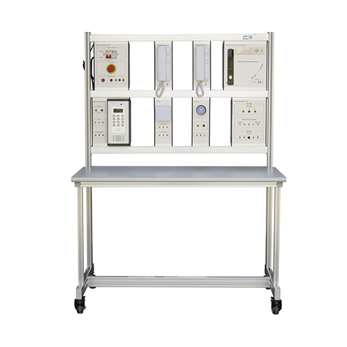 Equipamento didático para ensino de portas com áudio, equipamento de treinamento em automação predial, equipamento para formação profissional, equipamento didático.