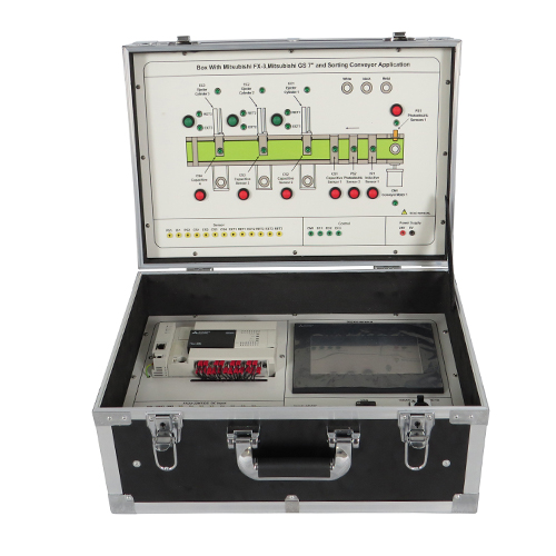 Box With Mitsubishi FX-3 Mitsubishi GS 7" and Sorting Conveyor Application Vocational Training Tools and Equipment Industrial Training Equipment Electrical Skills Training