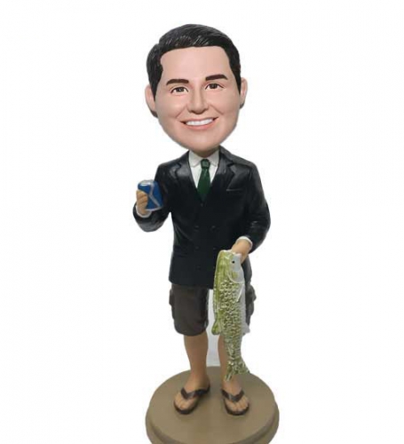 Custom Fishing Bobblehead holding beer