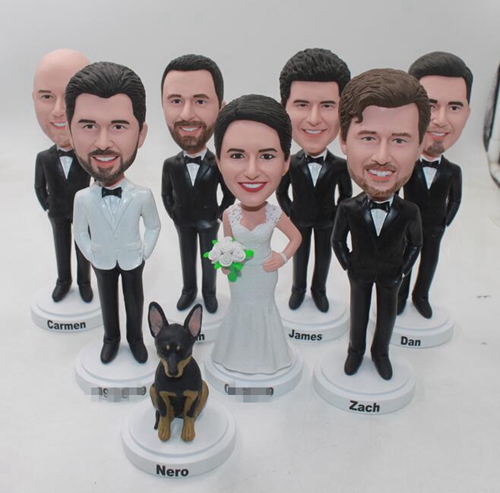 Custom Bobbleheads cake toppers bulk for wedding, groom, bride, groomsmen and dog