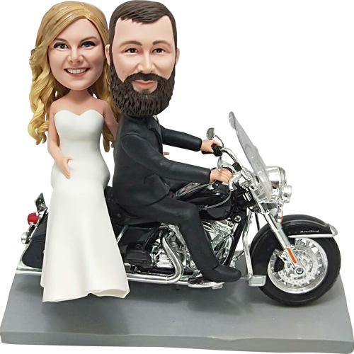 Custom wedding bobbleheads cake topper on Harley Davidson