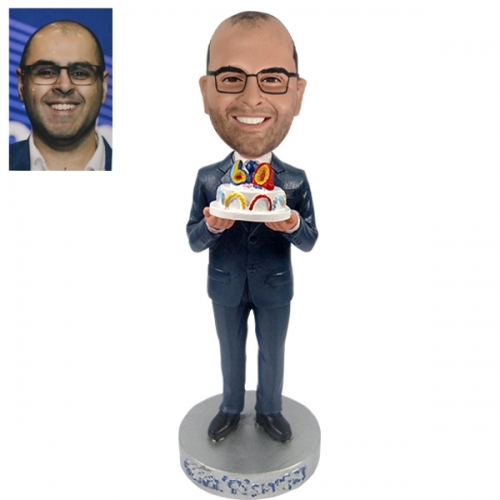 Custom Bobblehead holding birtday cake