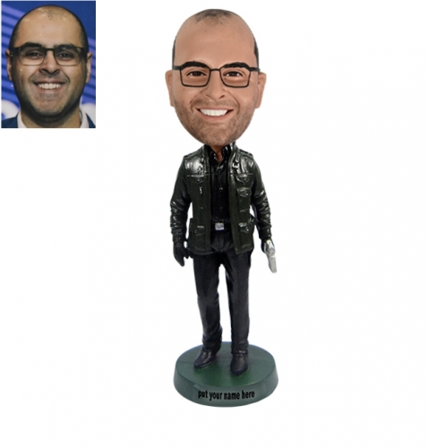 Custom Bobble head in leather jacket with gun