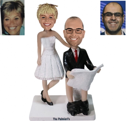 Personalized Wedding Bobblehead Cake topper with groom on toilet