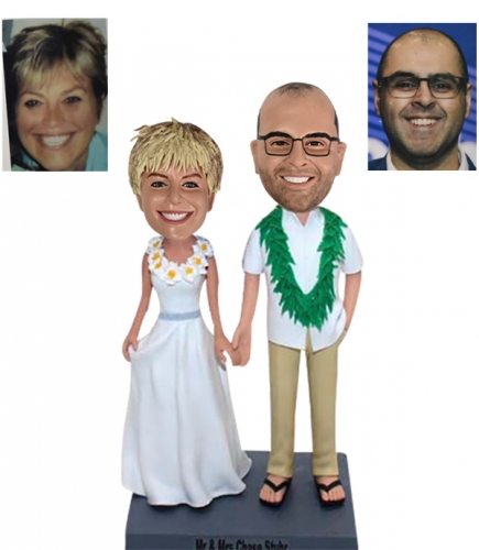 Custom Hawaiian wedding bobbleheads cake toppers