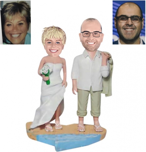 Beach theme custom wedding bobbleheads cake topper