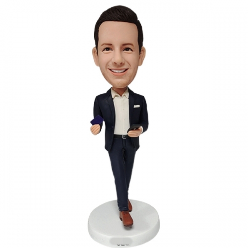Custom Bobblehead walking with iPhone and credit card