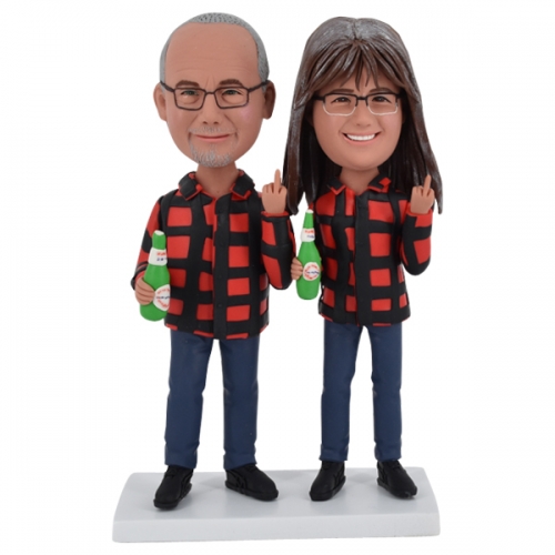 Custom Couple bobblehead holding beers and showing the middle finger
