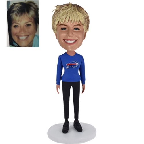 Custom bobble head with Buffalo Bill baseball sweatshirt