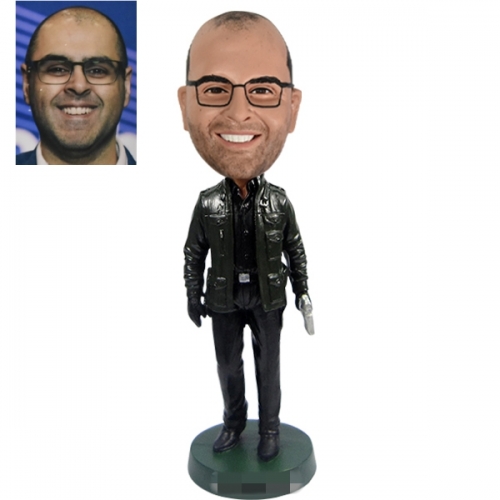 Custom Bobble head in leather jacket with gun