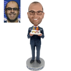Custom Bobblehead holding birthday cake