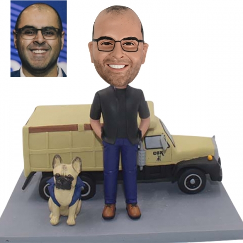 Custom trucker bobblehead with his dog and truck